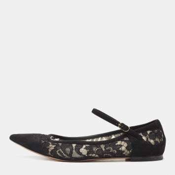 مملوكة مسبقًا Dolce & Gabbana Black Suede and Lace Mary Jane Ballet Flats Size 40