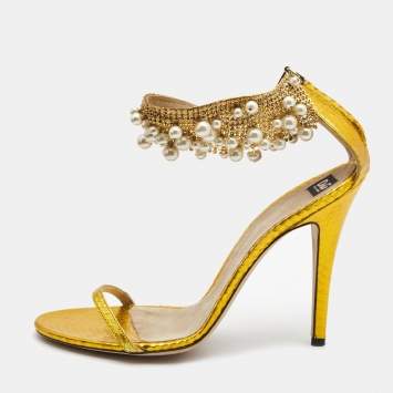 Pre Owned Dolce & Gabbana Metallic Yellow Python Embossed Leather Embellished Ankle Strap Sandals Size 40