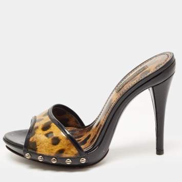 Pre Owned Dolce & Gabbana Black/Brown Patent Leather Leopard Print Slide Sandals Size 37.5