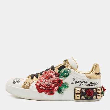 Pre Owned Dolce & Gabbana White Leather Flower Applique and Studded Portofino Sneakers Size 39