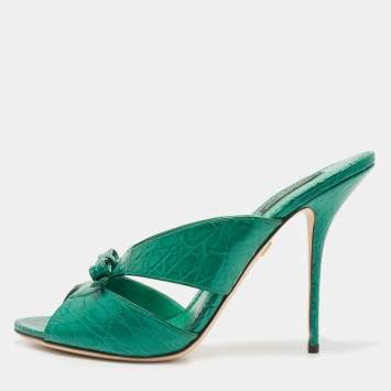 Pre Owned Dolce & Gabbana Green Croc Leather Bow Detail Slide Sandals Size 40