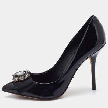 Pre Owned Dolce & Gabbana Black Patent Leather Crystal Embellished Bow Pumps Size 38.5