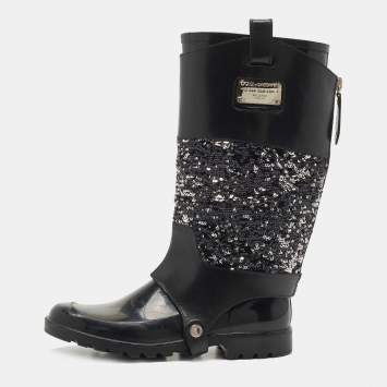 Pre Owned Dolce & Gabbana Black Rubber, Leather and Sequins Rain Boots Size 41