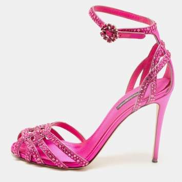 Pre Owned Dolce & Gabbana Pink Crystal Embellished Satin Ankle Strap Sandals Size 38