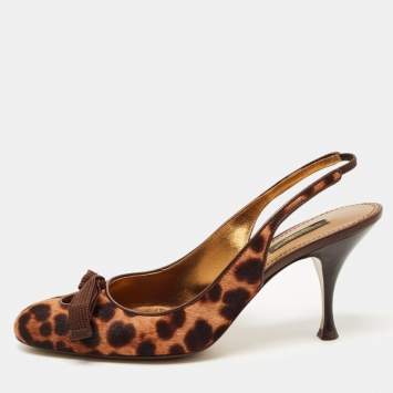 Pre Owned Dolce & Gabbana Two Tone Leopard Print Calf Hair Bow Slingback Pumps Size 38.5