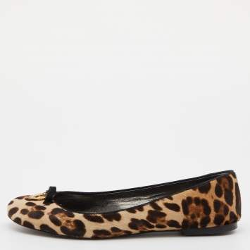 Pre Owned Dolce & Gabbana Brown Leopard Print Calfhair and Suede Bow Detail Ballet Flats Size 40