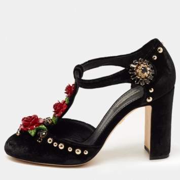 Pre Owned Dolce & Gabbana Black Velvet Rose Applique T-strap Pumps Size 37