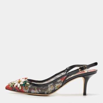Pre Owned Dolce & Gabbana Black Patent Leather and Printed Mesh Flower Embellished Slingback Pumps Size 38.5