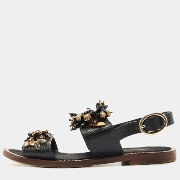 Pre Owned Dolce & Gabbana Black Lizard Leather Crystal Embellished Slingback Flat Sandals Size 38