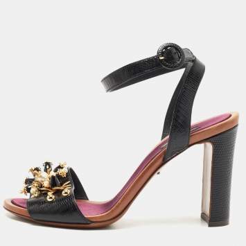 Pre Owned Dolce & Gabbana Black Lizard Embossed Leather Embellished Block Heel Ankle Strap Sandals Size 39.5