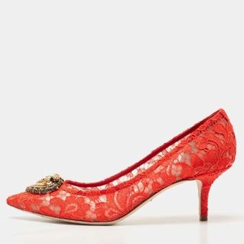 Pre Owned Dolce & Gabbana Red Lace Devotion Pumps Size 40.5