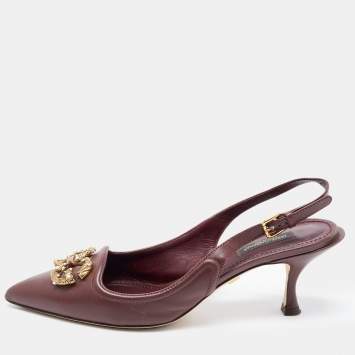 Pre Owned Dolce & Gabbana Burgundy Leather DG Amore Logo Embellished Slingback Sandals Size 38.5