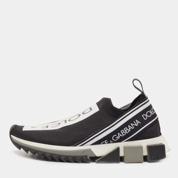 Pre Owned Dolce & Gabbana Black/White Logo Print Knit Fabric Sorrento Sneakers Size 38
