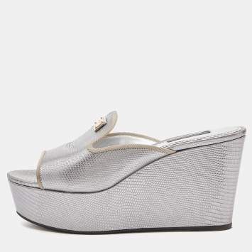 Pre Owned Dolce & Gabbana Silver Embossed Lizard Leather Peep Toe Mules Size 37