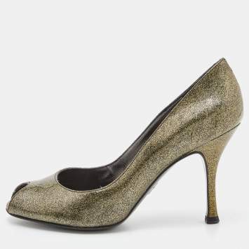 Pre Owned Dolce & Gabbana Olive Green Patent Leather Peep Toe Pumps Size 36