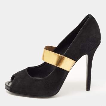 Pre Owned Dolce & Gabbana Black/Gold Suede and Elastic Band Mary Jane Peep Toe Pumps Size 39