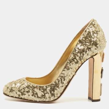 Pre Owned Dolce & Gabbana Gold Sequin Block Heels Pumps Size 37