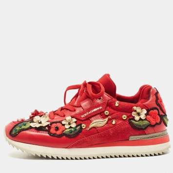 Pre Owned Dolce & Gabbana Red Leather and Fabric Flower Embellished Trainers Sneakers Size 36