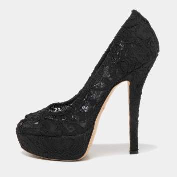 Pre Owned Dolce & Gabbana Black Satin and Lace Peep Toe Platform Pumps Size 36