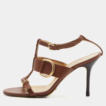 Pre Owned Dolce & Gabbana Brown Leather Buckle ankle Strap Sandals Size 37.5