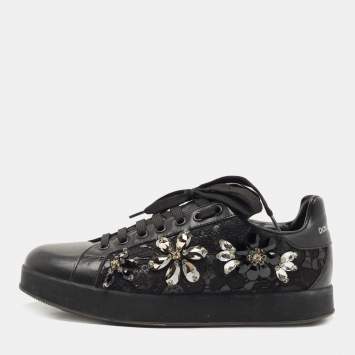 Pre Owned Dolce & Gabbana Black Leather, Lace  Low Top Sneakers Size 37