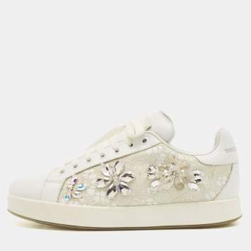 Pre Owned Dolce & Gabbana White Leather and Lace Crystal Embellished Low Top Sneakers Size 37