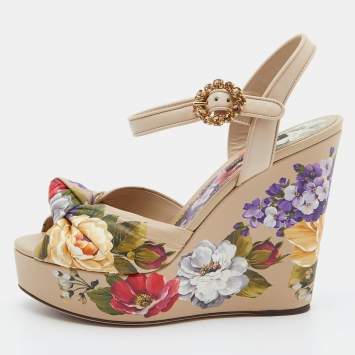 Pre Owned Dolce & Gabbana Multicolor Floral Print Leather Knot Wedge Sandals Size 36