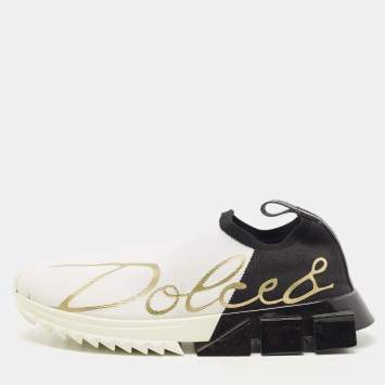 Pre Owned Dolce & Gabbana White /Black Knit Fabric Sorrento Slip on  Sneakers Size 37.5