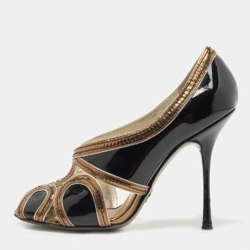 Pre Owned Dolce & Gabbana Black/Metallic Patent and Leather Cut Out Peep Toe Pumps Size 38