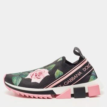 مملوكة مسبقًا Dolce & Gabbana Black Knit Fabric Tropical Rose Print Sorrento  Slip On Sneakers Size 38.5