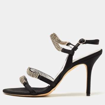 Pre Owned Dolce & Gabbana Black Satin Crystal Embellished Chain Ankle Strap Sandals Size 40