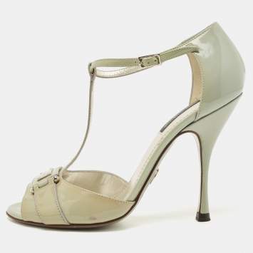 Pre Owned Dolce & Gabbana Grey Patent Leather Logo T Ankle Strap Sandals Size 36