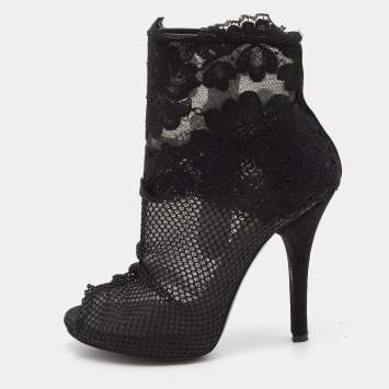 Pre Owned Dolce & Gabbana Black Lace and Mesh Peep Toe Booties Size 37.5