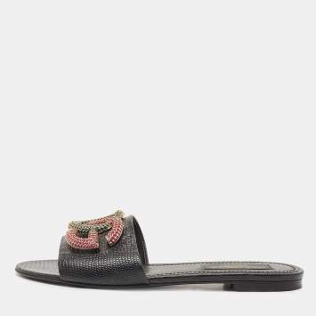 مملوكة مسبقًا Dolce & Gabbana Black Lizard Embossed Leather Crystal Embellished DG Flat Slides Size 40