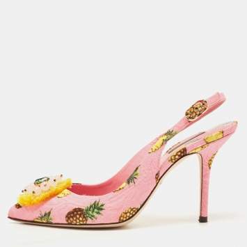 Pre Owned Dolce & Gabbana Pink Pineapple Print Fabric Embellished Slingback Pumps Size 39.5