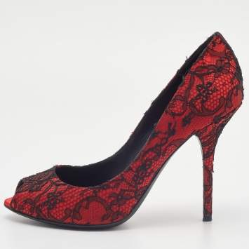 Pre Owned Dolce & Gabbana Red/Black Satin and Lace Peep Toe Pumps Size 40