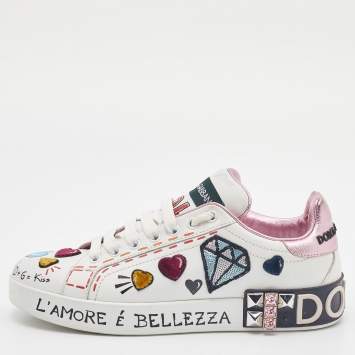 Pre Owned Dolce & Gabbana White Leather Portofino Forever Queen Patch and Embroidery Sneakers Size 38