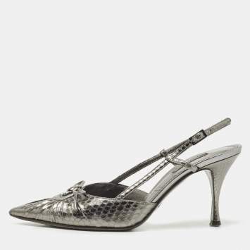 Pre Owned Dolce & Gabbana Metallic Silver Python Bow Slingback Pumps Size 36.5