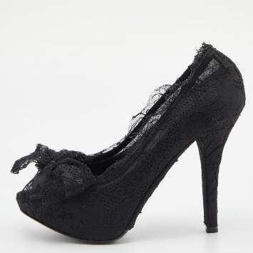 Pre Owned Dolce & Gabbana Black Lace Bow Peep Toe Platform Pumps Size 36