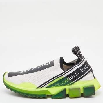 Pre Owned Dolce & Gabbana Neon Green/White Knit Fabric Sorrento Slip On Sneakers Size 38