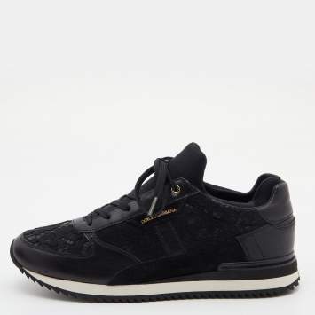 مملوكة مسبقًا Dolce & Gabbana Black Lace and Leather Low Top Sneakers Size 39