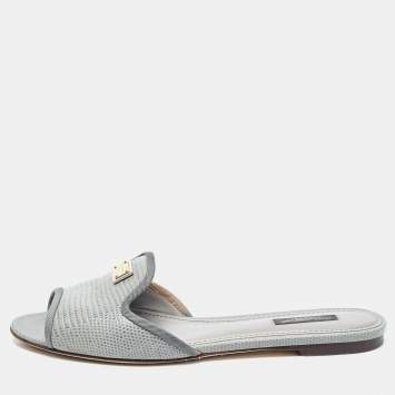 Pre Owned Dolce & Gabbana Green  LIzard Embossed Flat Slides Size 38.5