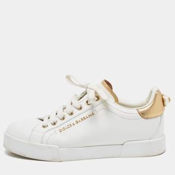 Pre Owned Dolce & Gabbana White/Gold Leather Pearl Embellished Portofino Sneakers Size 37