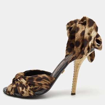 Pre Owned Dolce & Gabbana Brown Satin Leopard Print Fastening Ankle Tie Sandals Size 40