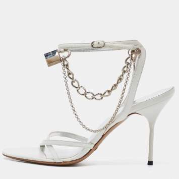 Pre Owned Dolce & Gabbana White Leather Chain Embellished Ankle Strap Sandals Size 37.5