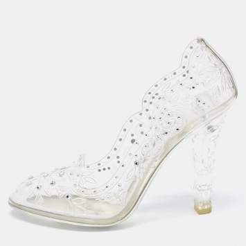 Pre Owned Dolce & Gabbana Silver PVC Crystal Embellished Cinderella Pumps Size 38.5