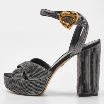 Pre Owned Dolce & Gabbana Metallic Grey Pleated Fabric Ankle Strap Platform Sandals Size 37