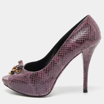 Pre Owned Dolce & Gabbana Purple Watersnake Leather Peep Toe Pumps Size 38.5