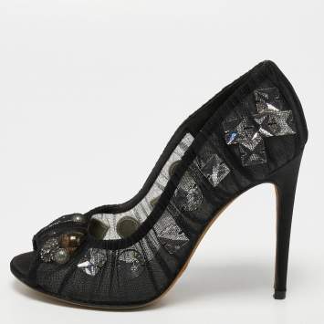 Pre Owned Dolce & Gabbana Black Net Crystal Embellished Peep Toe Pumps Size 37.5