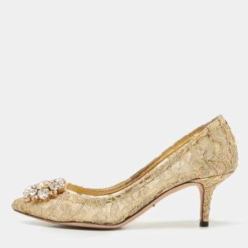 Pre Owned Dolce & Gabbana Gold Lace Bellucci Pumps Size 37